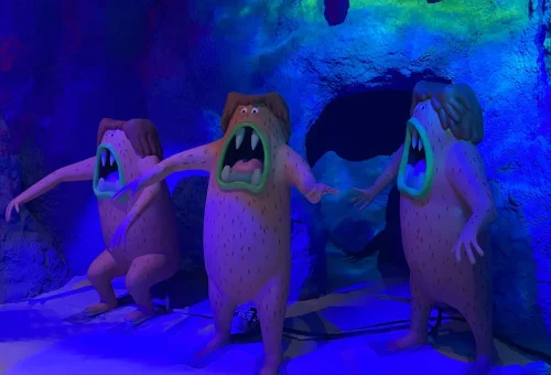 Cave Dwellers exhibit — three cartoon cave-dweller characters at Nickelodeon Play Istanbul